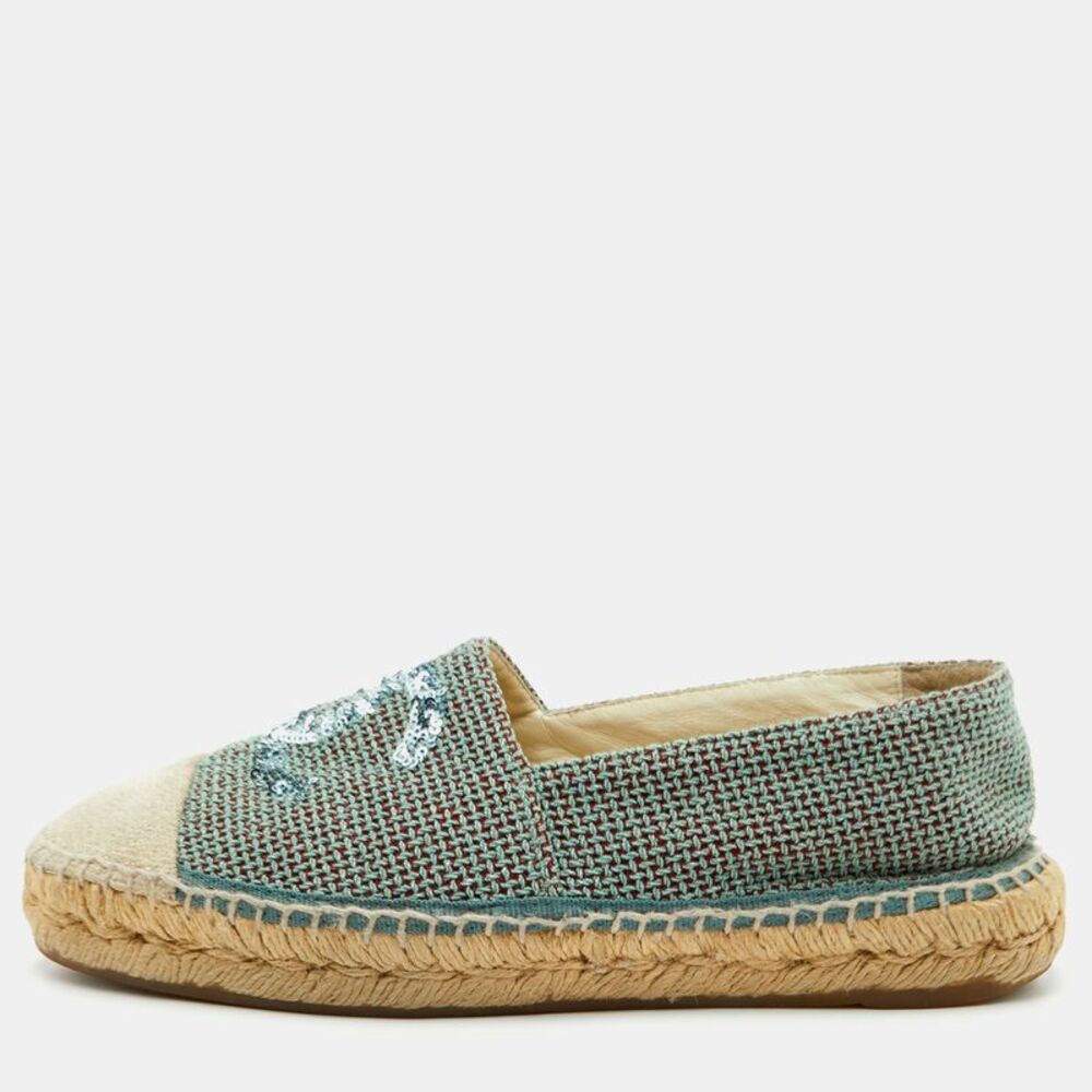 Chanel Size 39 Green/beige Knit Fabric Cc Sequins Espadrille Loafers